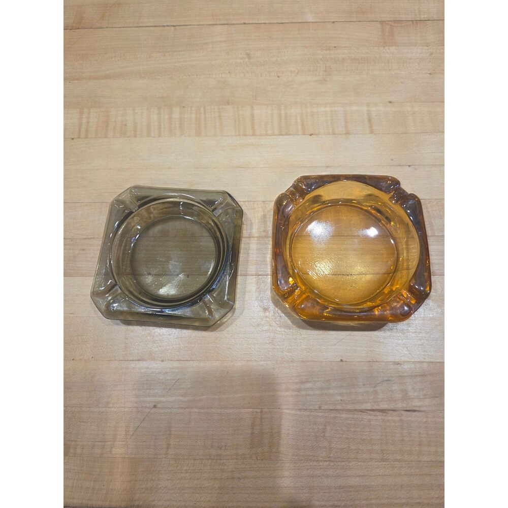Vintage MCM Amber & Smoked Brown Glass Square Ashtray Set of 2